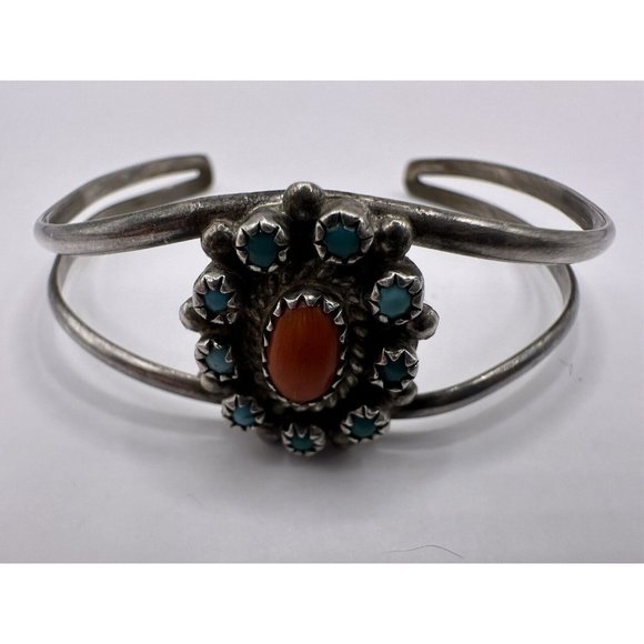 Vintage Navajo Turquoise Coral Cluster Sterling Silver 925 Bracelet Cuff 6-1/4" - Picture 3 of 10